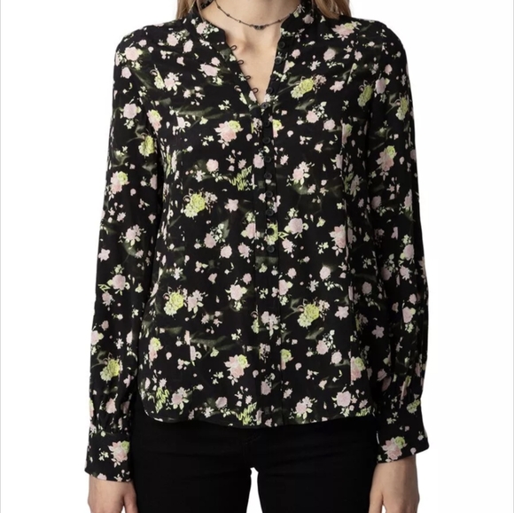 Zadig & Voltaire Twina  Soft Crinkle Roses Size Xsmall Blouse Top Black, Pink. - Picture 1 of 9